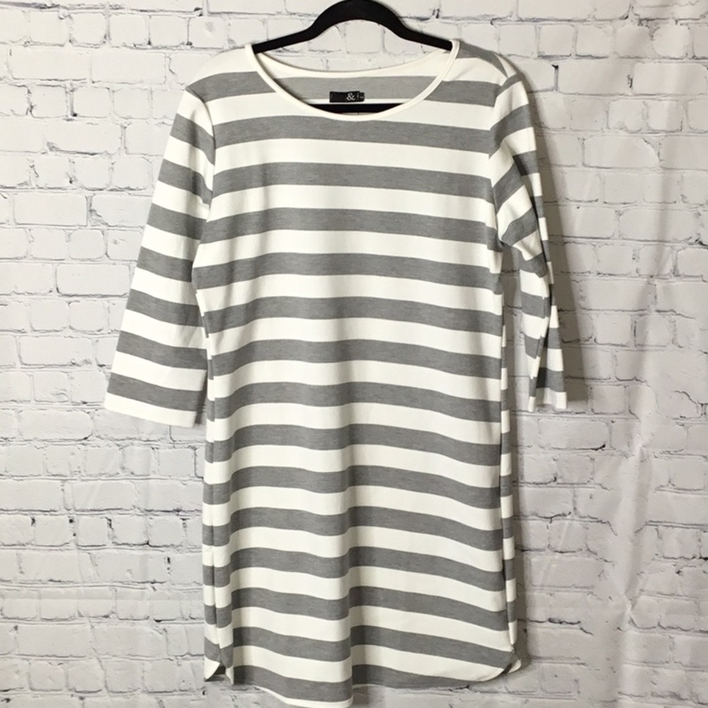 & Gray and Cream Knit Stripe Dress